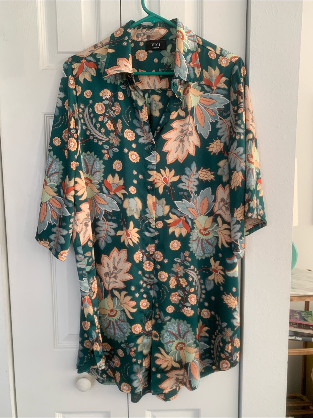 Silky smooth Teal Floral Print button down Top with Coral and Light Blue Accents